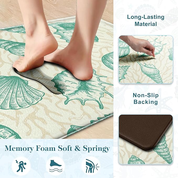 Kitchen Mats for Floor Cushioned Anti Fatigue Sets of 2 Beach Theme Kitchen Rugs Non Slip Waterproof Coastal Foam Kitchen Floor Rug Nautical Coral Seashell Comfort Standing Mat For Sink Laundry, Green