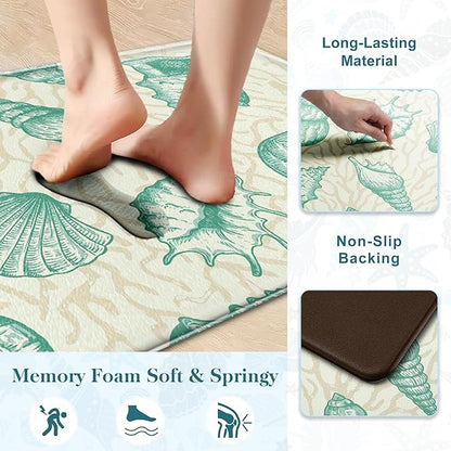 Kitchen Mats for Floor Cushioned Anti Fatigue Sets of 2 Beach Theme Kitchen Rugs Non Slip Waterproof Coastal Foam Kitchen Floor Rug Nautical Coral Seashell Comfort Standing Mat For Sink Laundry, Green