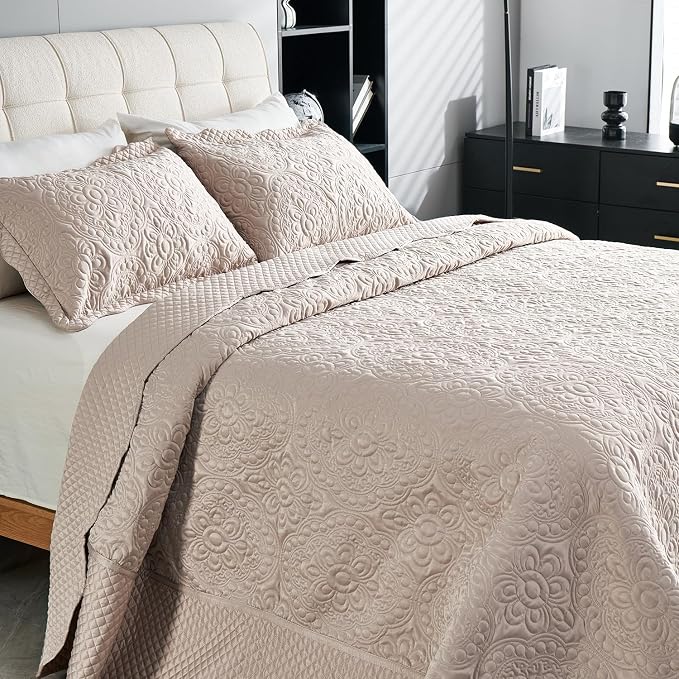 Cmfshape Floral Embroidery Quilt Set, 3 Pieces King Quilt Bedding Set, - Image 5