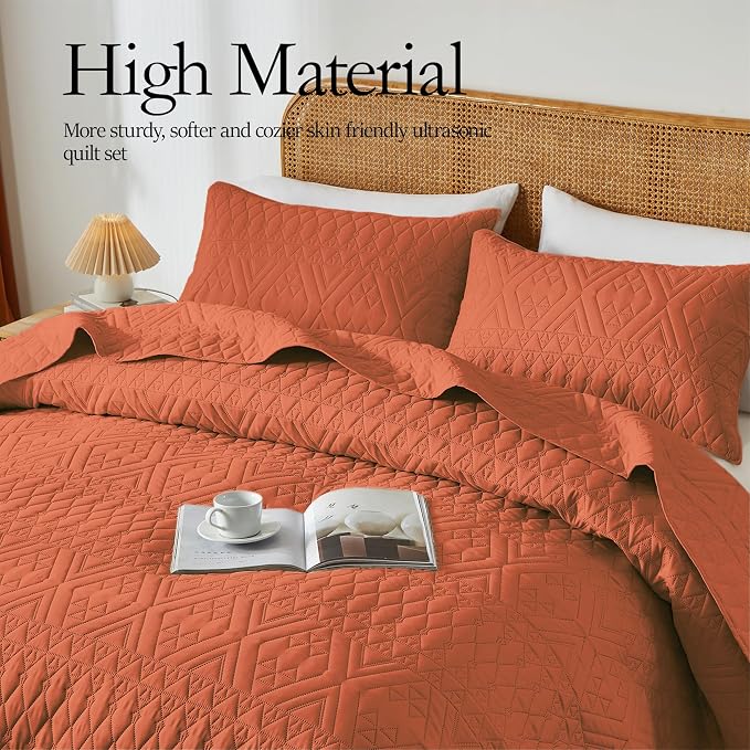 akkialla Twin Size Quilt Bedding Set, Burnt Orange Lightweight Microfiber Soft - Image 3