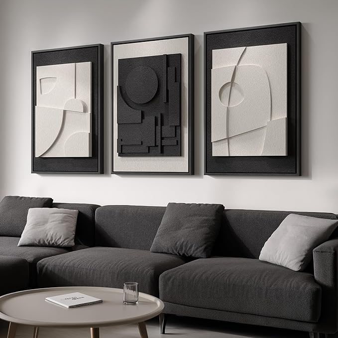 Large 3D Textured Framed Black and White Abstract Wall Art by Cuspin