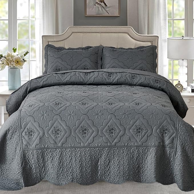 Cmfshape Floral Embroidery Quilt Set, 3 Pieces Queen Quilt Bedding Set by cmfshape-quiltset