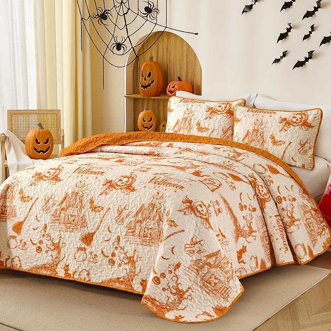 WONGS BEDDING Queen Pumpkin Castle Quilt Set, Halloween Bedspread Bedding | - Image 2
