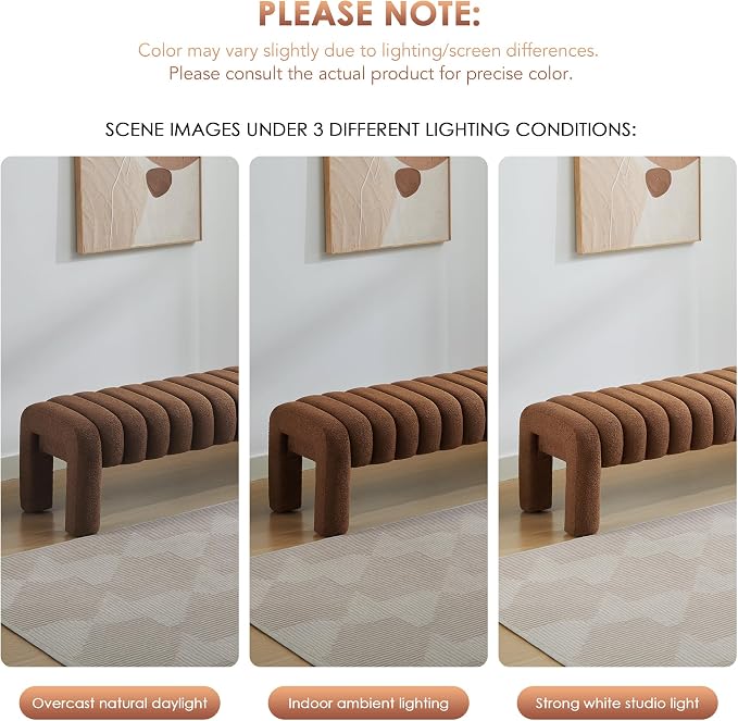 63" Upholstered Boucle Bench, Rust Brown | Padded King Size Long Ottoman - Image 3
