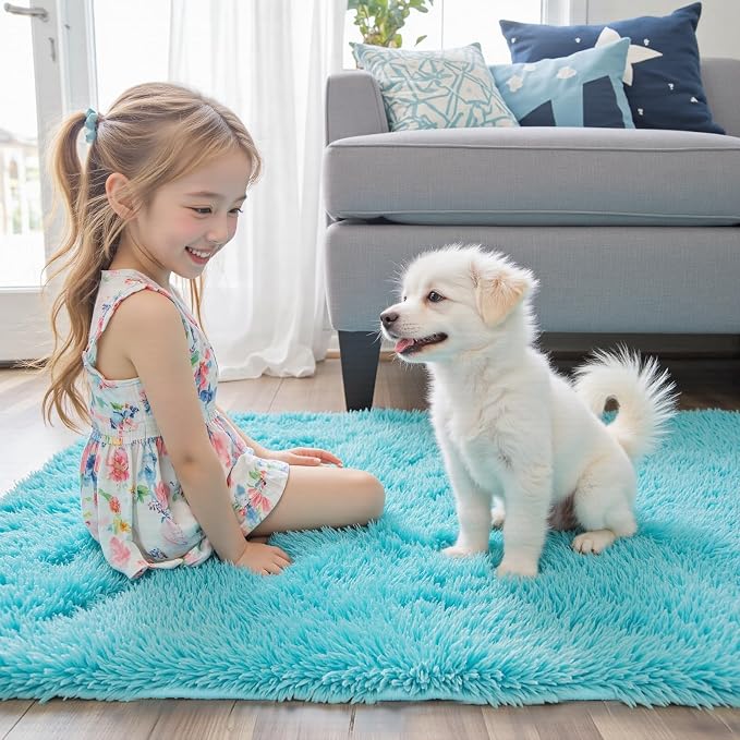 4x6 Area Rugs for Bedroom, Teal Blue Soft Fluffy Shag Bedside Rugs | Non-Slip - Image 2