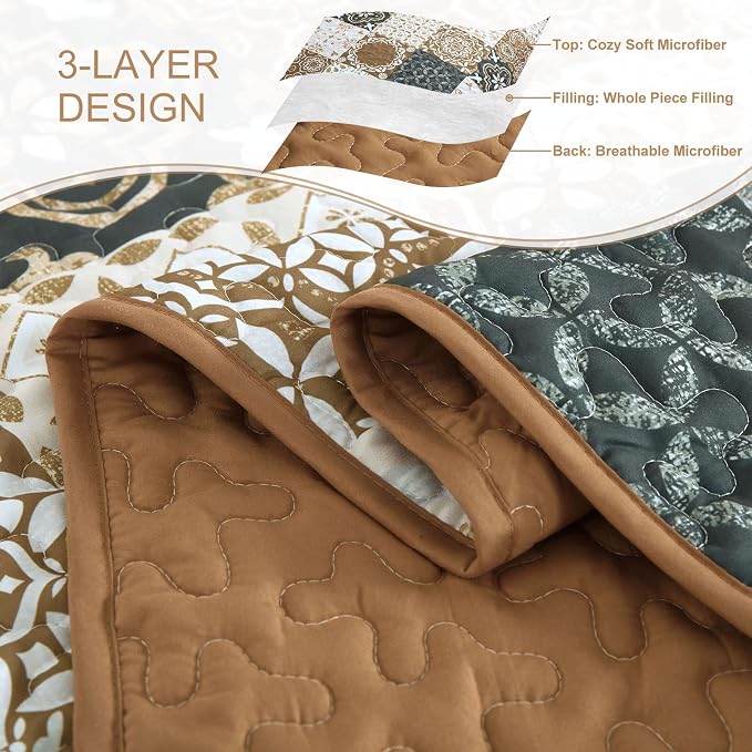 Dobuyly Patchwork Quilt Set King Size, Boho Farmhouse Bedspread Brown | Dobuyly - Image 6