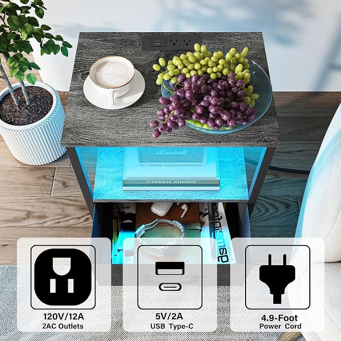 TUTOTAK Nightstands Set of 2, LED End Table - Image 4
