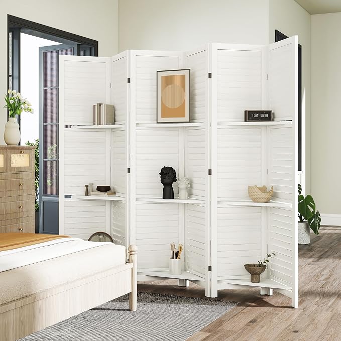 HOMCOM Room Divider with Shelves 6 Panel 67" Wood Screen White | Wood Privacy - Image 8