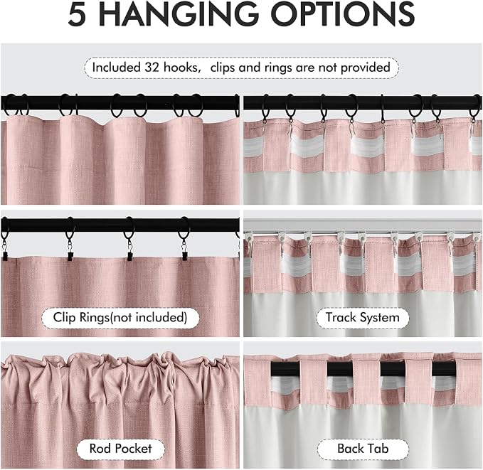 MIULEE 100% Blackout Back Tab Pleat Linen Curtains 50" Wx120 L, Light Pink | 2 - Image 6