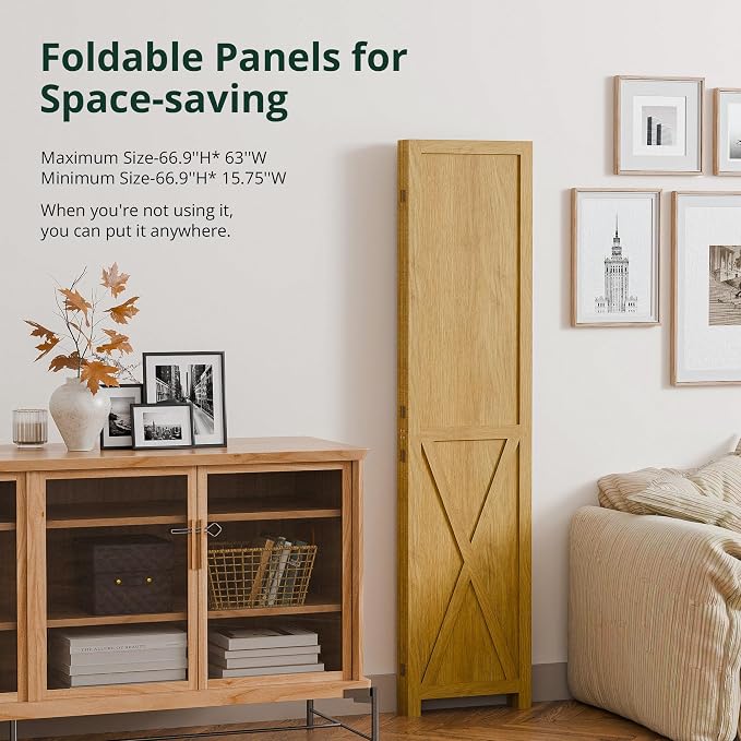 4 Panel Folding Room Divider, Solid Wood Privacy Screen, Freestanding Partition - Image 4