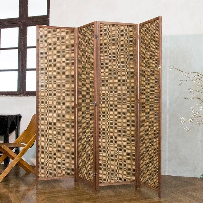 4 Panel Bamboo Room Divider, 5.6 ft Tall Double-Sided Folding Privacy Screen by PawlaBay