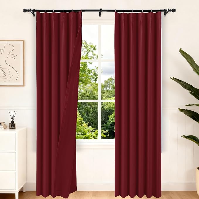 Etherealveil Wine Red Pinch Pleated Blackout Curtains 2 Panels 40"x84" | Back by Etherealveil