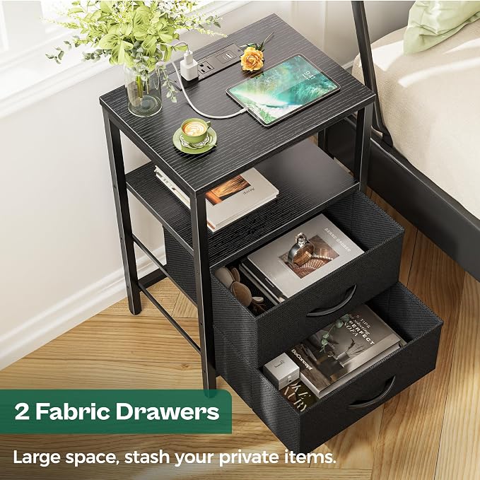 Huuger Nightstand with Charging Station, Side Table with Fabric Drawers | End - Image 5