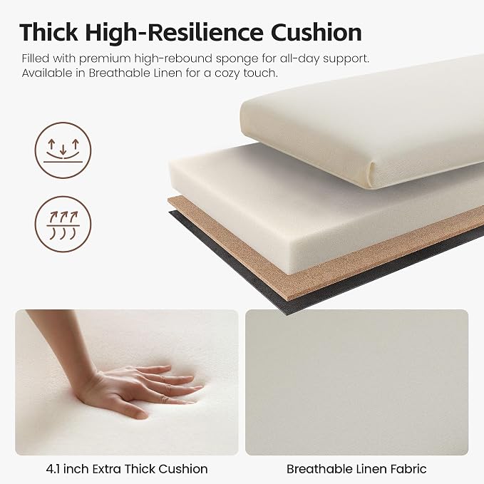 43.5" Upholstered Bedroom Bench, Linen Entryway Bench - Image 3