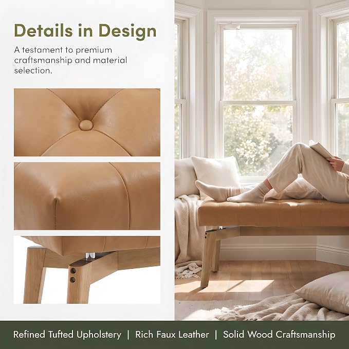 DUOMAY Brown PU Upholstered Entryway Bench Window Bench | 45.5 End of Bed Bench - Image 4