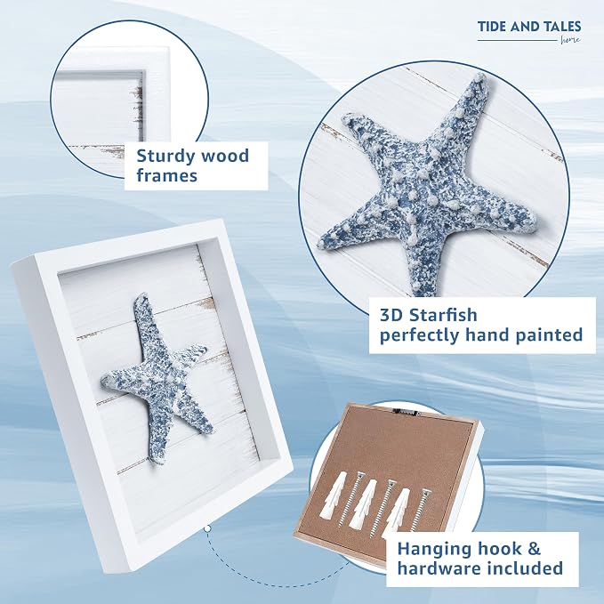 Tide and Tales 3D Starfish Wall Art, Framed Set of 3, Beach Bathroom Decor | 7" - Image 5