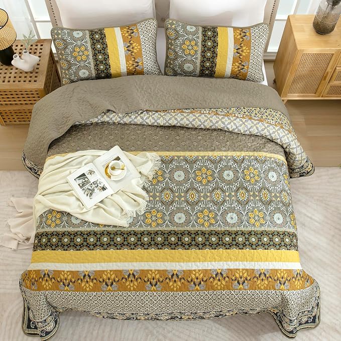 Yiran Quilts King Size, Taupe Yellow Boho Vintage Bedspreads Bedding Set | Fall - Image 6