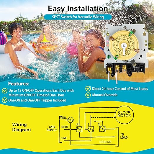 T101M Pool Pump Timer Mechanism Only, 120V 40A SPST, Lights, Fans, HVAC, and Outdoor Lighting 12-ON/Off Cycles, Intermatic Timer Replacement