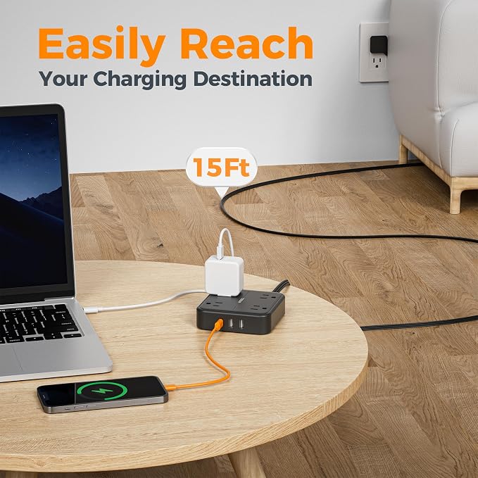 TESSAN Surge Protector Flat Extension Cord 15Ft, Flat Plug Power Strip | 4 - Image 2