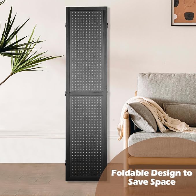 4 Panel Pegboard Room Divider | Black Wood Folding Privacy Screen - Image 6