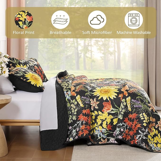 Yiran California King Quilt Black, Sunflower Floral Bedspreads Bedding Set | 3 - Image 6