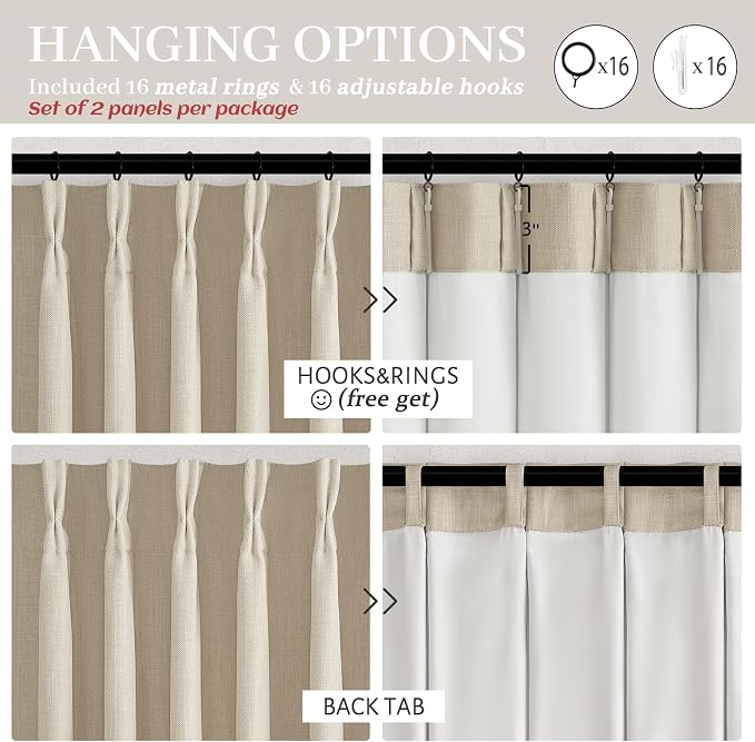 Natural Pleated 60 Inch Wide Bedroom Curtains 96 Inches Long 2 Panels Set - Image 7