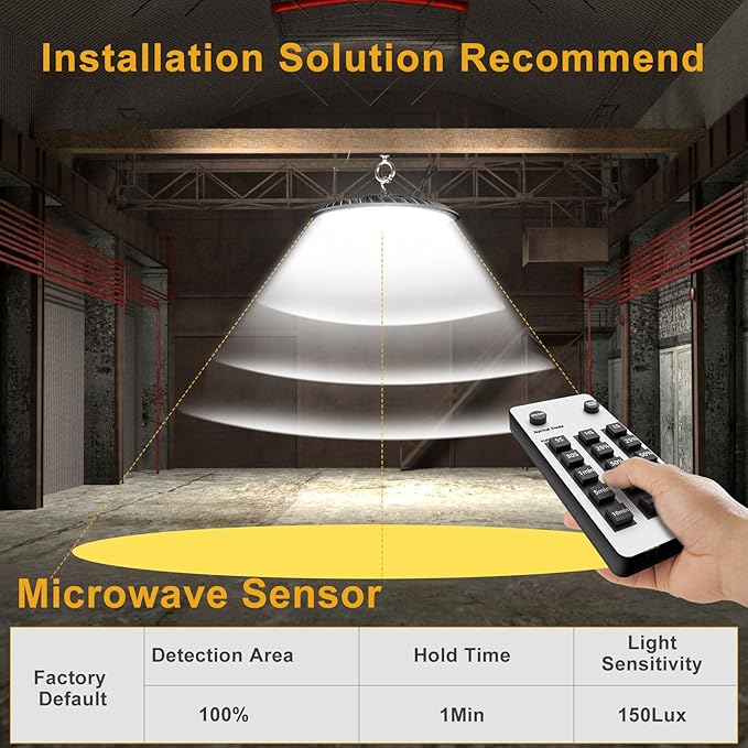 ACOHOOK Smart 200W HIgh Bay LED Lights with Smart Controller Supports Normal Mode & Motion Sensor Mode(Energy Saving) ETL Listed UFO Lights for 25-35FT Warehouse-4Pack