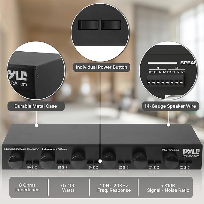Pyle 6 Channel High Power Stereo Speaker Selector with Volume Control - Rugged and Durable Housing Construction, Cabinet Heat Sink, Plug and Play Easy Install - PLSHVC612