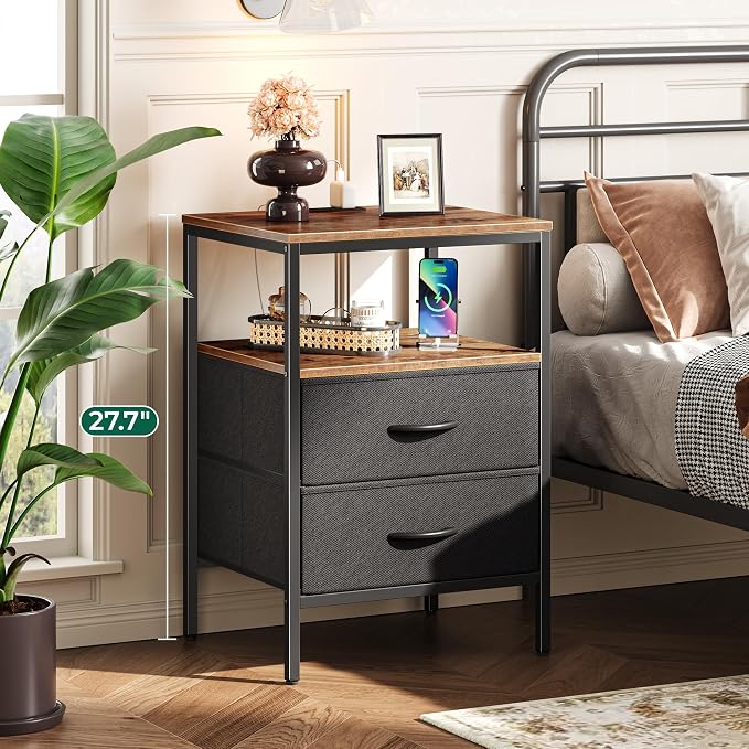 Huuger Night Stand with Charger Station, 27.7 Inch Tall Nightstand | Bed Side - Image 2