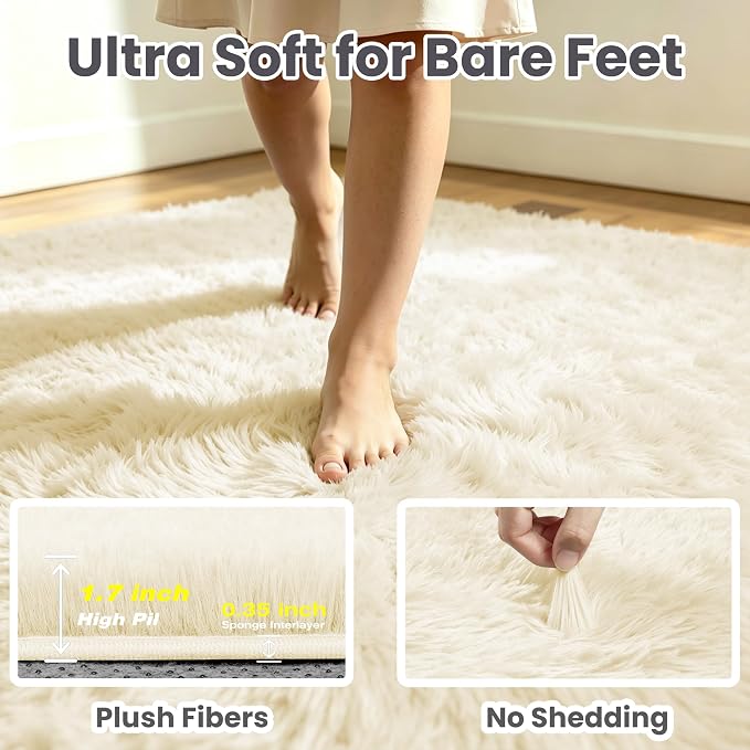 5x8 Fluffy Area Rug for Living Room: Non-Slip Cream White Bedroom Carpet | - Image 7