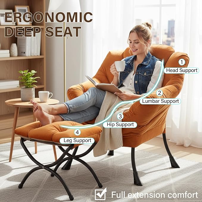 Welnow Orange Lazy Chair with Ottoman, Reading Chair with Footrest | A Side - Image 6