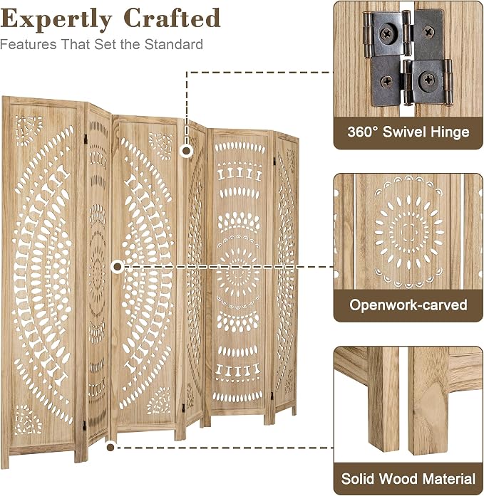 WelFurGeer Handcrafted Carved Wooden Room Divider Screen, Folding Privacy Screen - Image 3