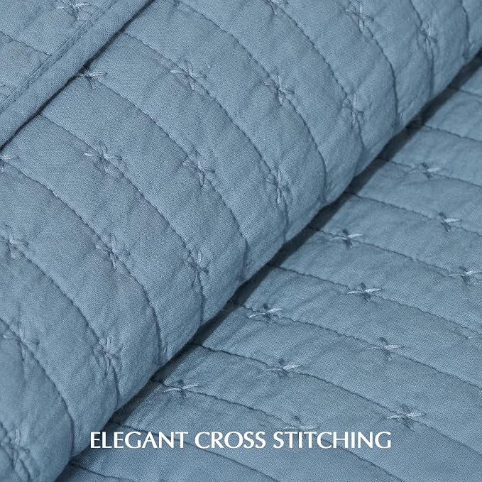 100% Cotton Cross Stitch 3-Piece Quilt Set, Dusty Blue | Cross Stitch Cotton - Image 4