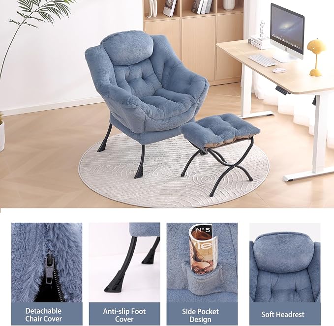 Lazy Chair with Ottoman, Comfy Accent Reading Chair, Plush Blue | Foldable - Image 4