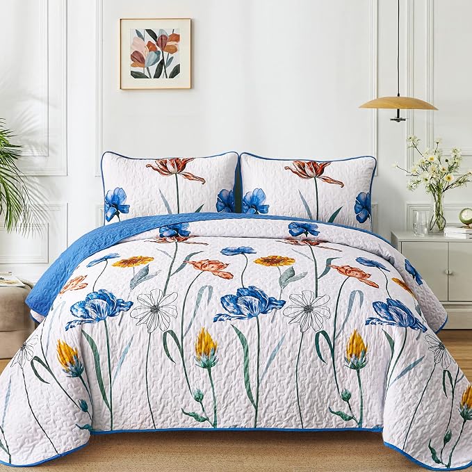 WONGS BEDDING Blue Quilt Set Queen Size, Cute Floral Botanical Bedspread by WONGSBEDDING