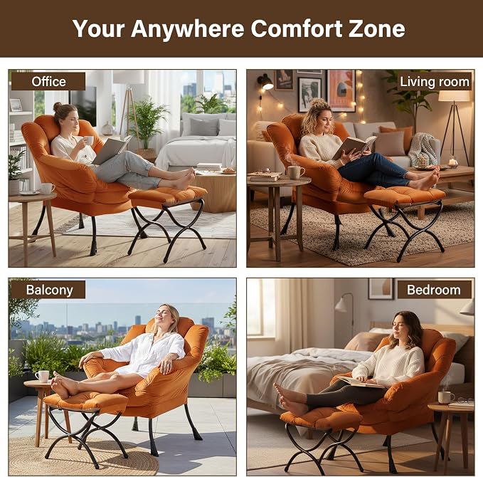 Welnow Orange Lazy Chair with Ottoman, Reading Chair with Footrest | A Side - Image 7