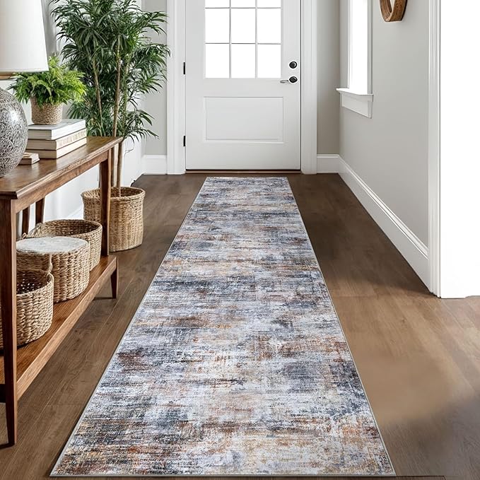 IOHOUZE Abstract Runner Rug 2x10 Ft Washable Runners for Hallways, Non Slip Kitchen Runner Printed Faux Wool Entryway Runner Indoor, Modern Abstract Floor Carpet for Hall Kitchen, Orange Grey