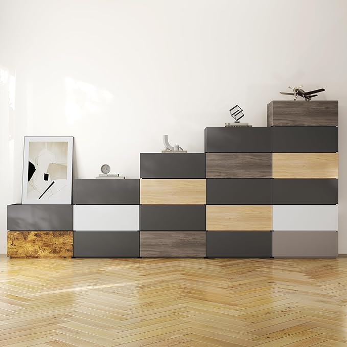 Modular Stackable Drawers, Modern Nightstand Modular Storage Bins - Storage Cabinet, Bedside Table, Sofa End Table for Living Room Hallway Entryway Walnut Small Set 1