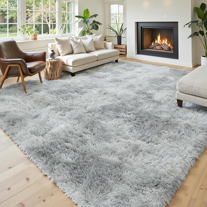 Area Rugs10x14 for Living Room, Light Grey Tie-Dyed Large Shaggy Plush Rugs | by Junhejiamei