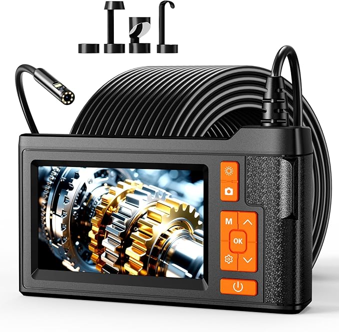 33FT Dual Lens Endoscope Camera with Light, 4.3" Borescope with Photo/Video(Built-in 32GB Card), IP67 Waterproof with 8 LED Lights, Semi-Rigid Snake Cable for Pipe, Engine & HVAC Inspection