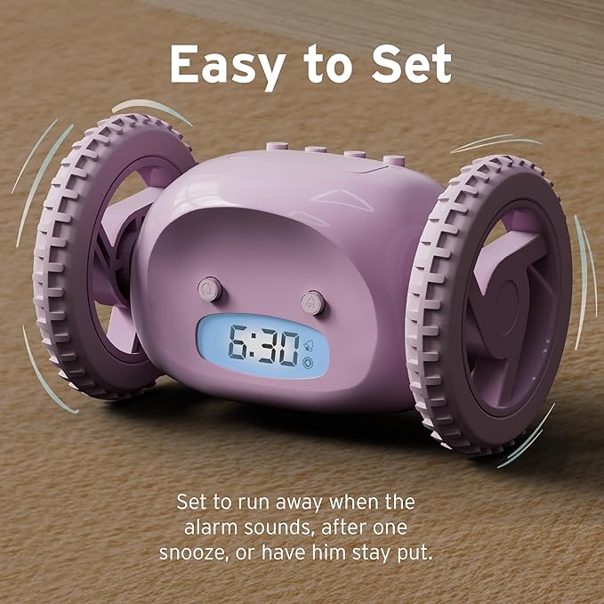 CLOCKY Alarm Clock on Wheels – Loud Rolling Alarm Clock for Heavy Sleepers | Runaway Clock That Jumps & Runs to Wake You Up | Funny Unique Gift for Adults & Teens (Lavender)