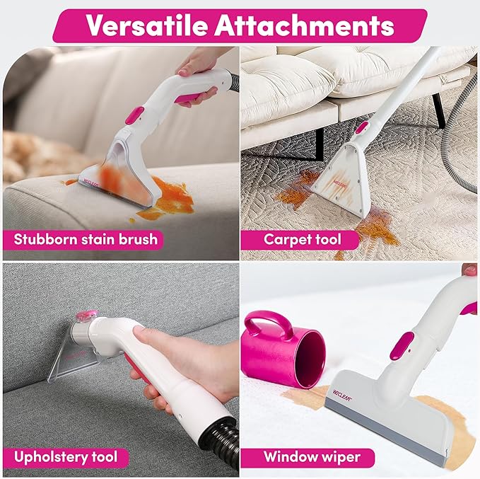 WECLEAN Carpet Cleaner Machine and Stain Remover for Deep Cleaning Upholstery for Carpets Rugs and Fabric Seats,800W 18Kpa，3L Clean Tank and 1.5L Dity Tank, Pink