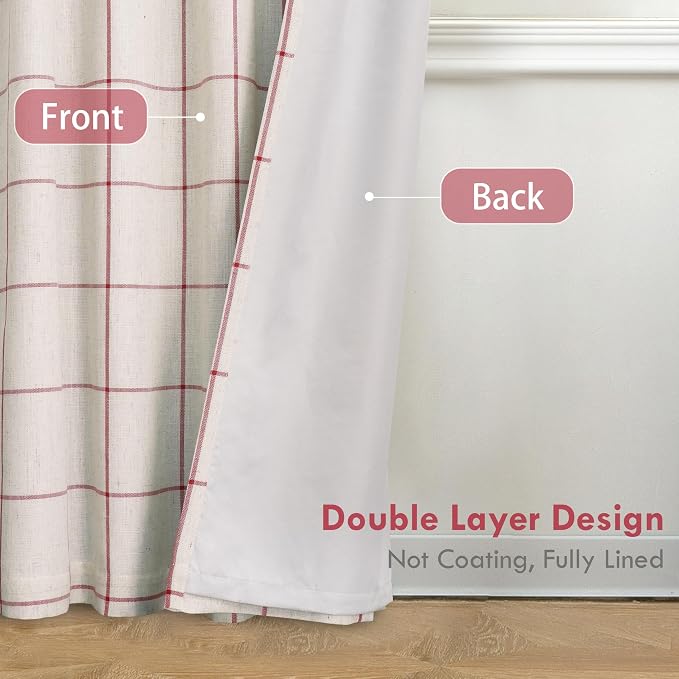 DriftAway 100% Blackout Plaid Linen Curtains 84 Inches Long 2 Panels Red | 100% - Image 3