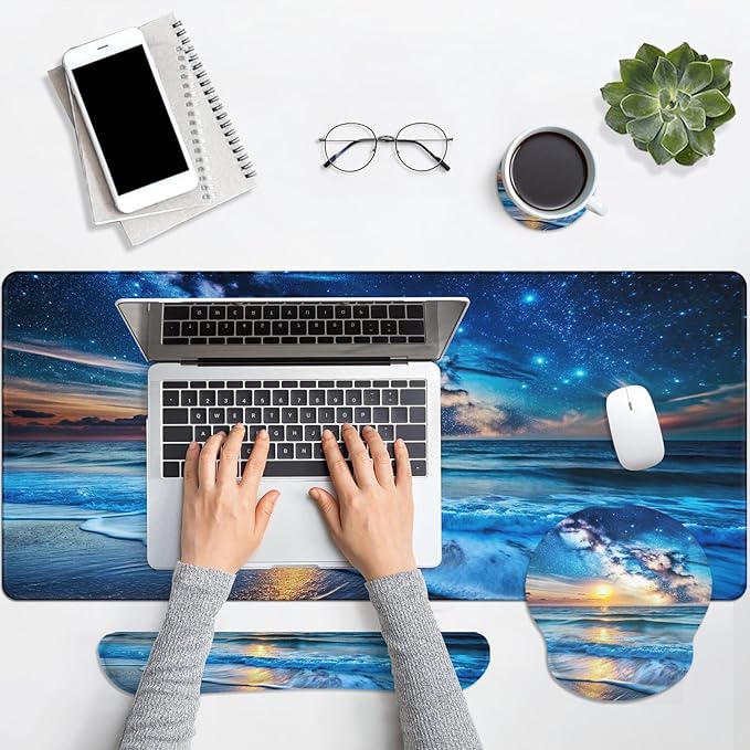 Britimes Blue Sea and Starry Sky Keyboard Mouse Pad Set 4in1 Large Mousepad+Keyboard Wrist Rest+Mouse Wrist Rest+Coaster Set with Ergonomic Design for Home Office Computer 35.4x15.7 inches
