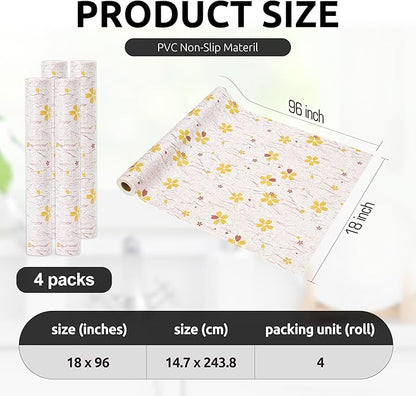 RAY STAR 18X96 Inch Shelf Liner for Kitchen Cabinets, Non-Adhesive Cabinet Liner Washable, PVC Drawer Liner for Dresser Non-Slip Bathroom (Yellow-Floral)(4 Roll)
