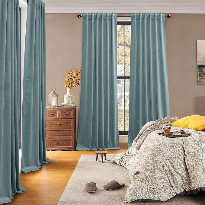 RYB HOME 100% Blackout Blue Velvet Curtains 90 inches Long, Back Tab Thermal - Image 2