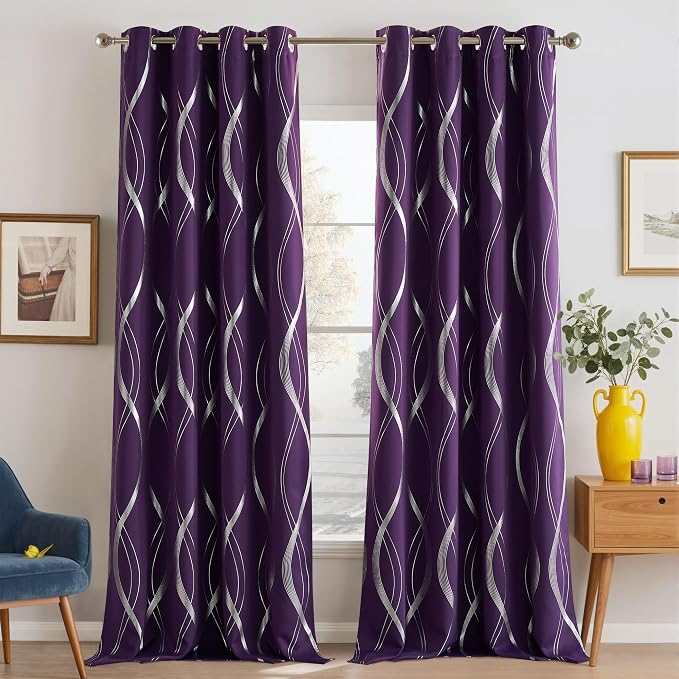 NICETOWN Royal Purple Blackout Curtains 84 inch Long Wave Line Foil Print | by NICETOWN