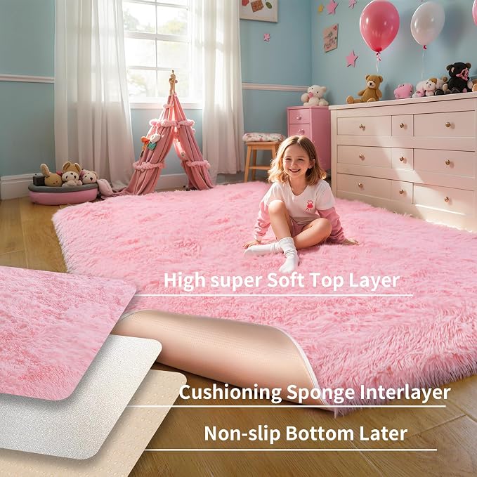 6x9 Thick Pink Shag Rug for Girls Bedroom, Soft Plush Fluffy Carpet | Area Rug - Image 4