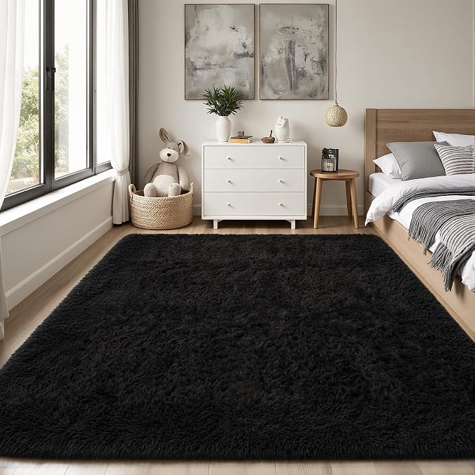 PLHXFR 4x6 Area Rugs Living Room: Fluffy Bedroom Rug Shag Carpet Black | - Image 2