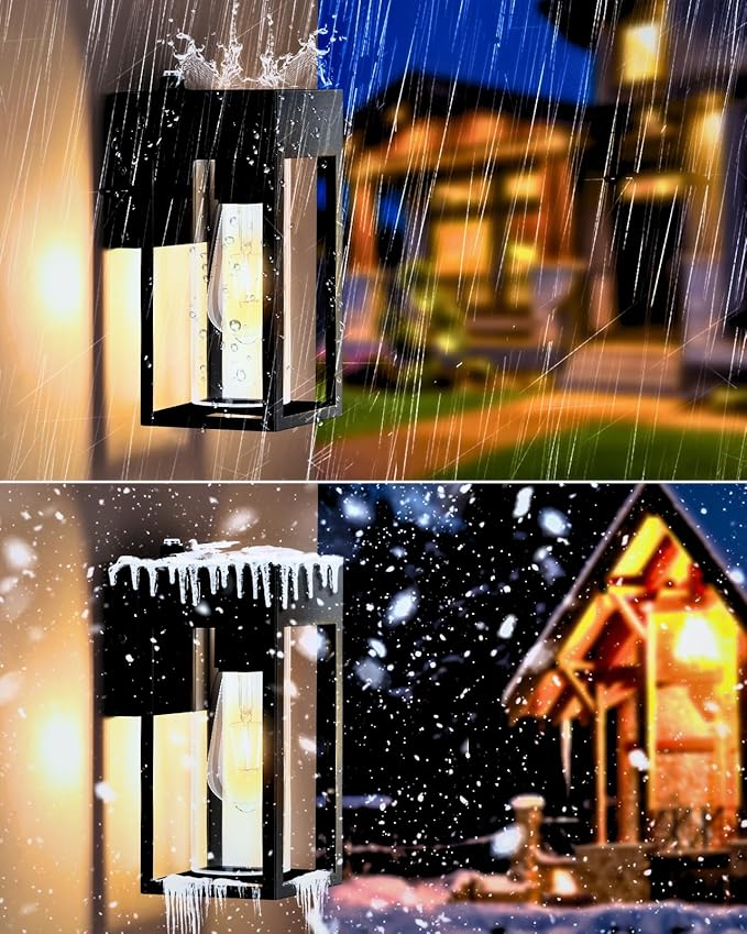 LWSOY 2-Pack Outdoor Wall Light Fixtures, Waterproof Exterior Wall Lanterns, Porch Lights with E26 Sockets & Cylinder Glass Shades, Modern Matte Black Wall Sconce for Porch Patio Garage